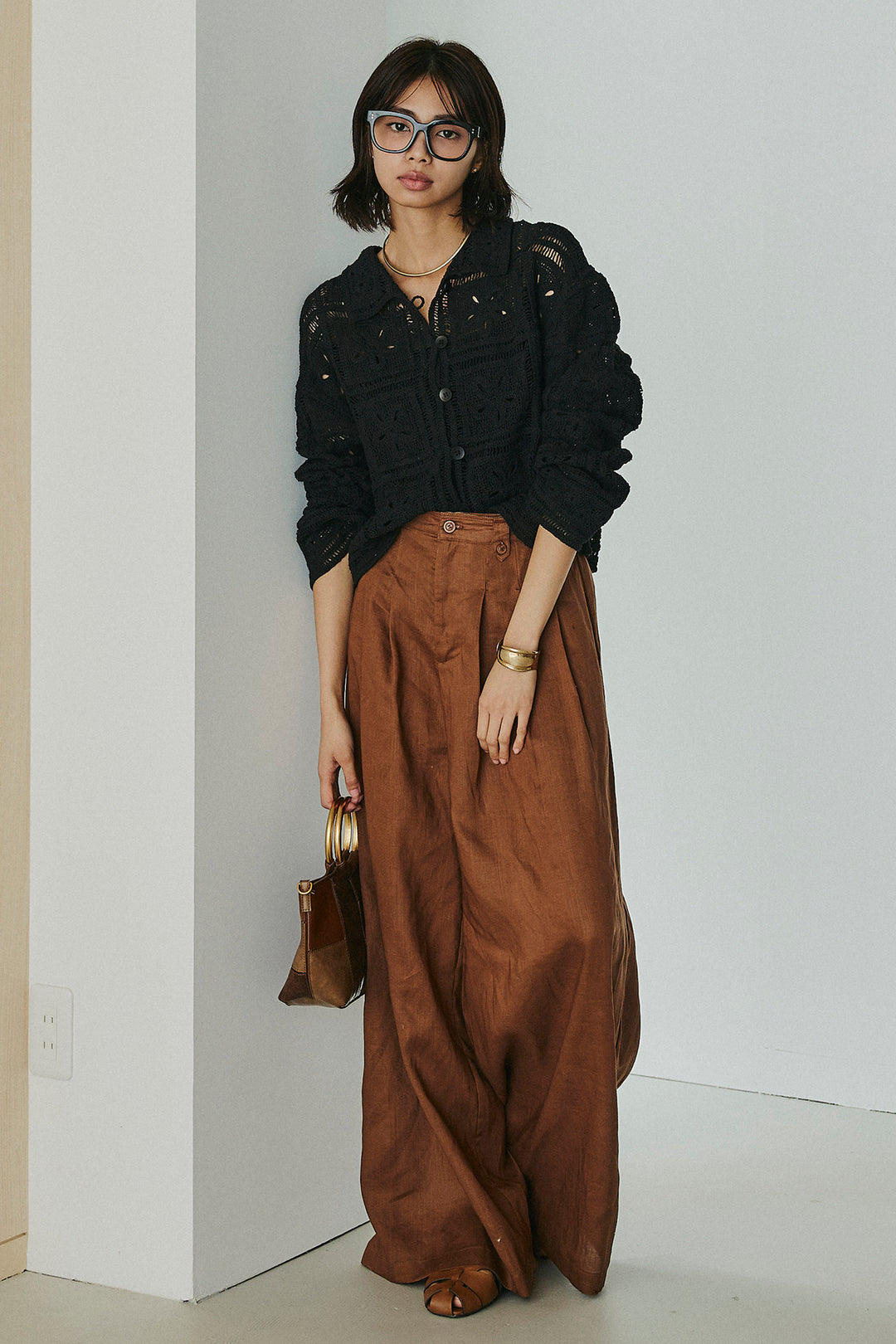 [SET]鍵編みフラワーレースカーディガン+タック入りワイドパンツ(2set)