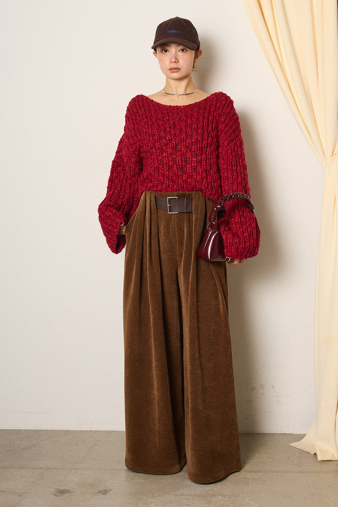 [SET]チャンキースラブニットクロップドプルオーバー+ベルトループコーデュロイワイドパンツ(2set)