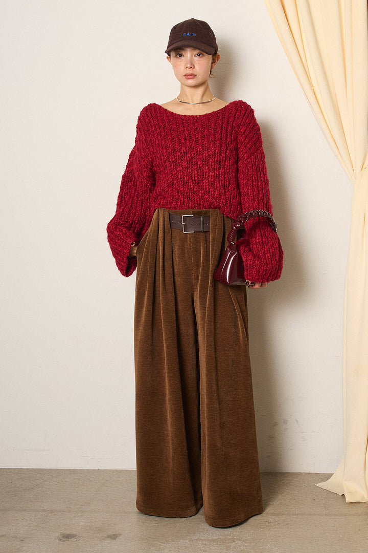 [SET]チャンキースラブニットクロップドプルオーバー+ベルトループコーデュロイワイドパンツ(2set)