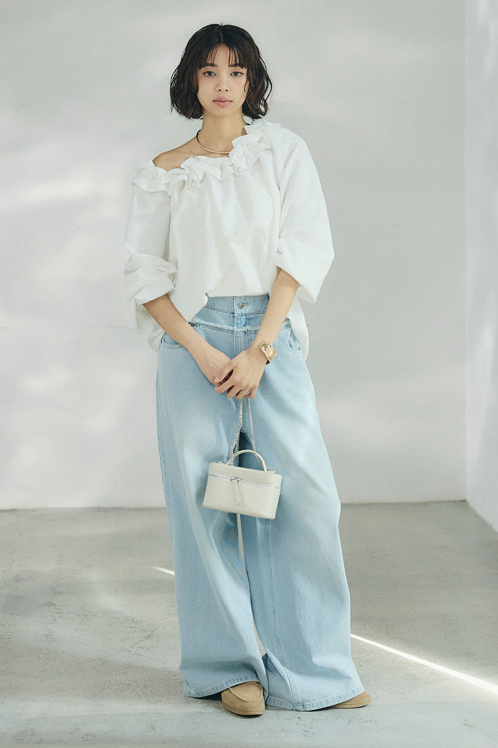 [SET]ネックフリルデザインブラウス+ウエスト裁ち切りデニムワイドパンツ(2set)