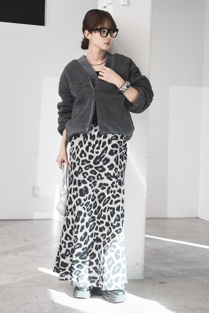 [SET]ノーカラーリブボアアウター+レオパードサテンナロースカート(2set)