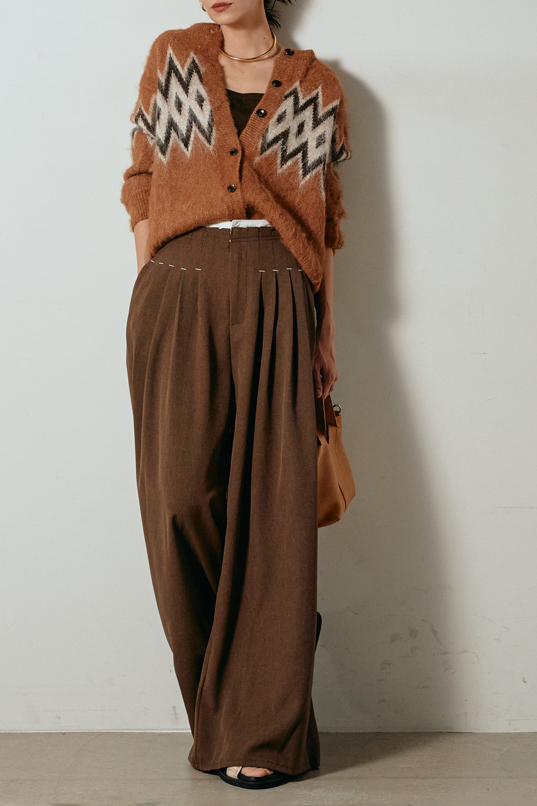 [SET]起毛ノルディック柄ニットカーディガン+ウエストステッチデザインワイドスラックス(2set)