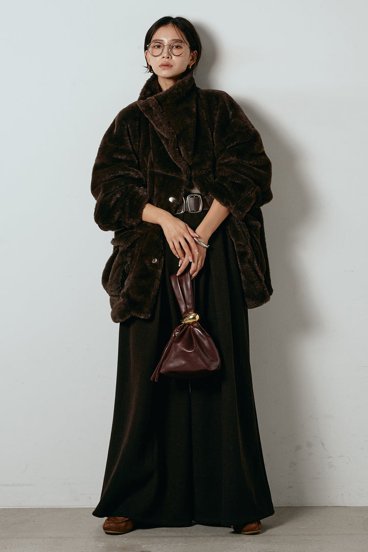 [SET]スタンドネックファーコート+フェイクレザー太ベルト付きタックワイドパンツ(2set)