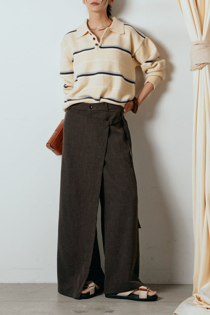 [SET]襟付きマルチボーダーニットポロトップス+ラップ巻きワイドスラックス(2set)