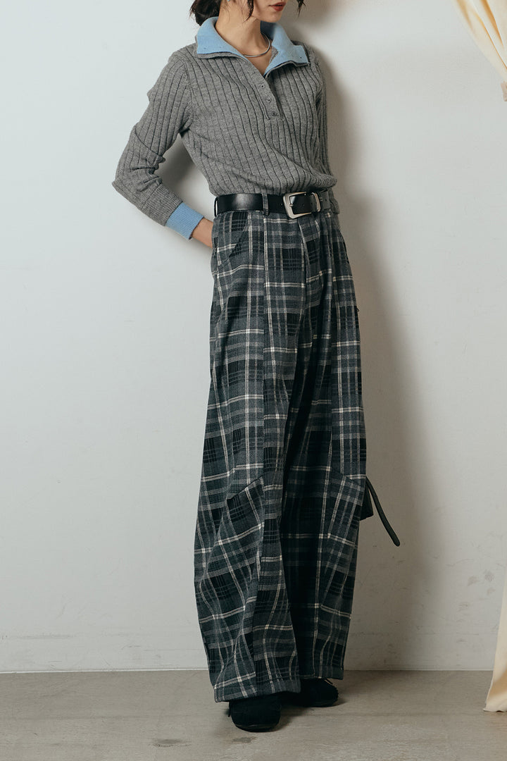 [SET]レイヤード風リブニットトップス+ベルト付きタータンチェックカーブワイドパンツ(2set)