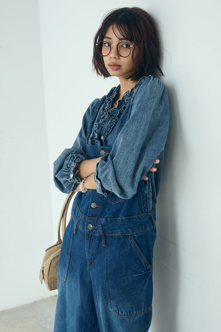 [SET]Vネックデニムフリルトップス+デニムサロペットワイドパンツ(2set)