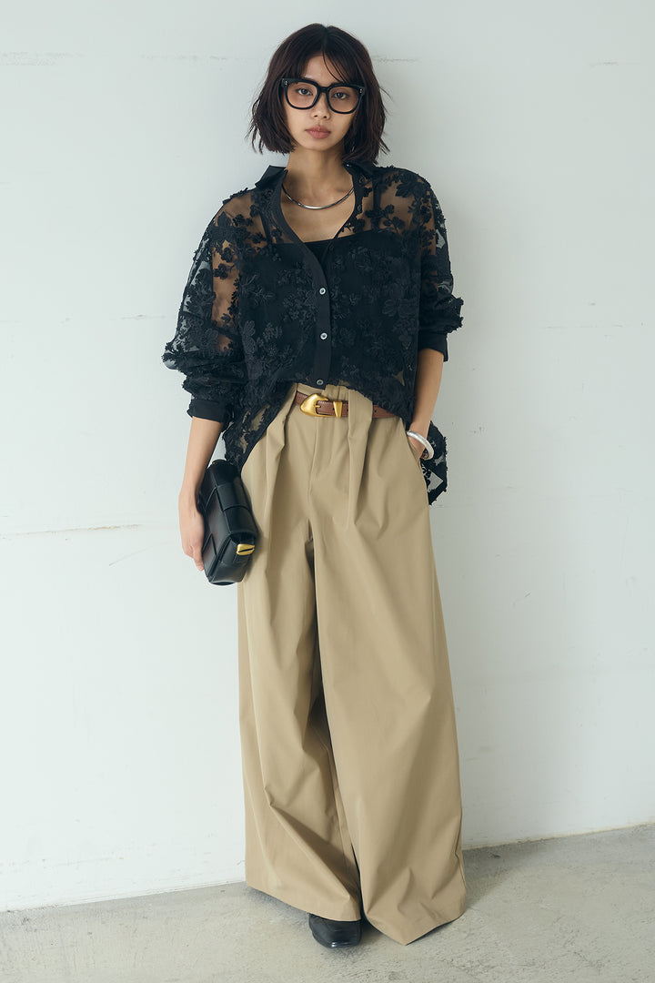 [SET]立体フラワー刺繍レースシャツ+ベルトループデザインハイウエストタックパンツ(2set)