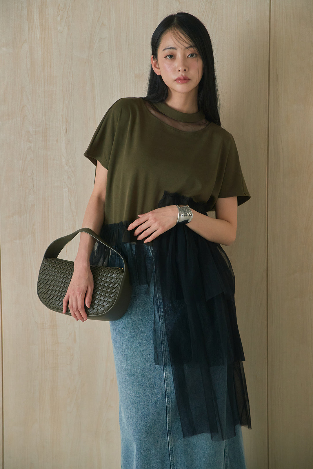 [SET]アシンメトリーチュールフリルTシャツ+デニムロングフレアスカート(2set)