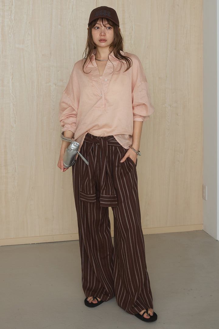 [SET]襟付きボタンブラウス+ウエスト巻きピンストライプパンツ(2set)