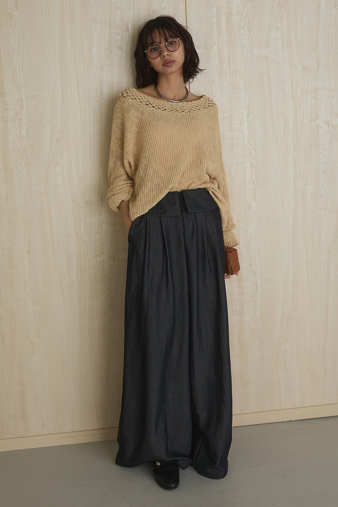 [SET]ネック編みデザインニットトップス+ウエスト折り返しワイドパンツ(2set)