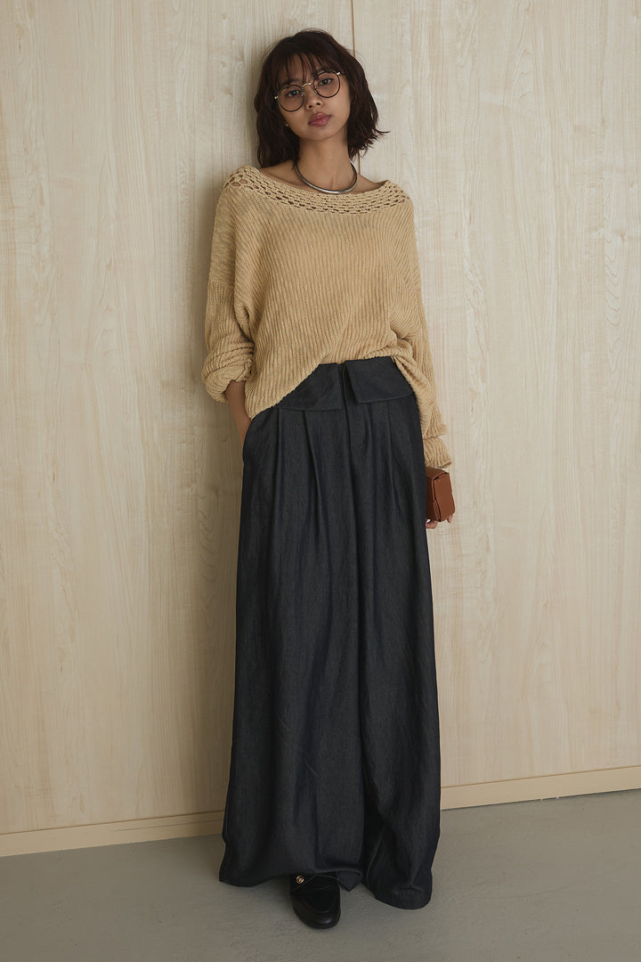 [SET]ネック編みデザインニットトップス+ウエスト折り返しワイドパンツ(2set)