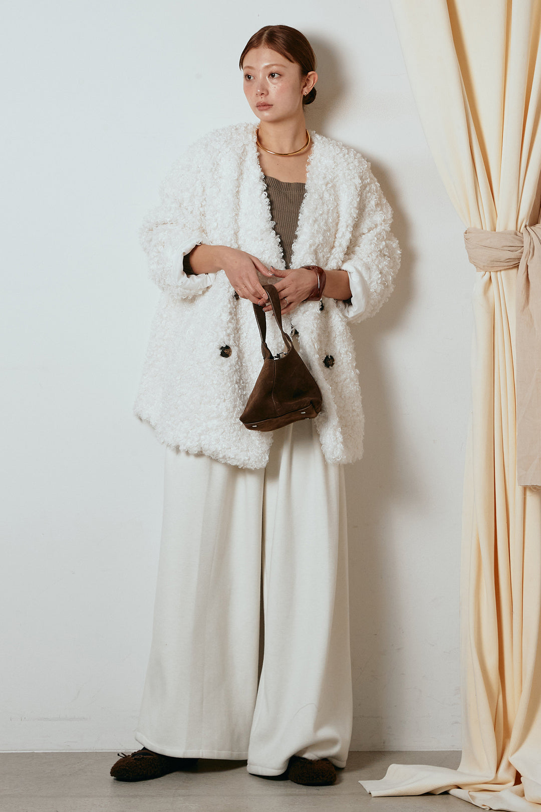 [SET]シープライクファージャケット+フェイクレザー太ベルト付きタックワイドパンツ(2set)