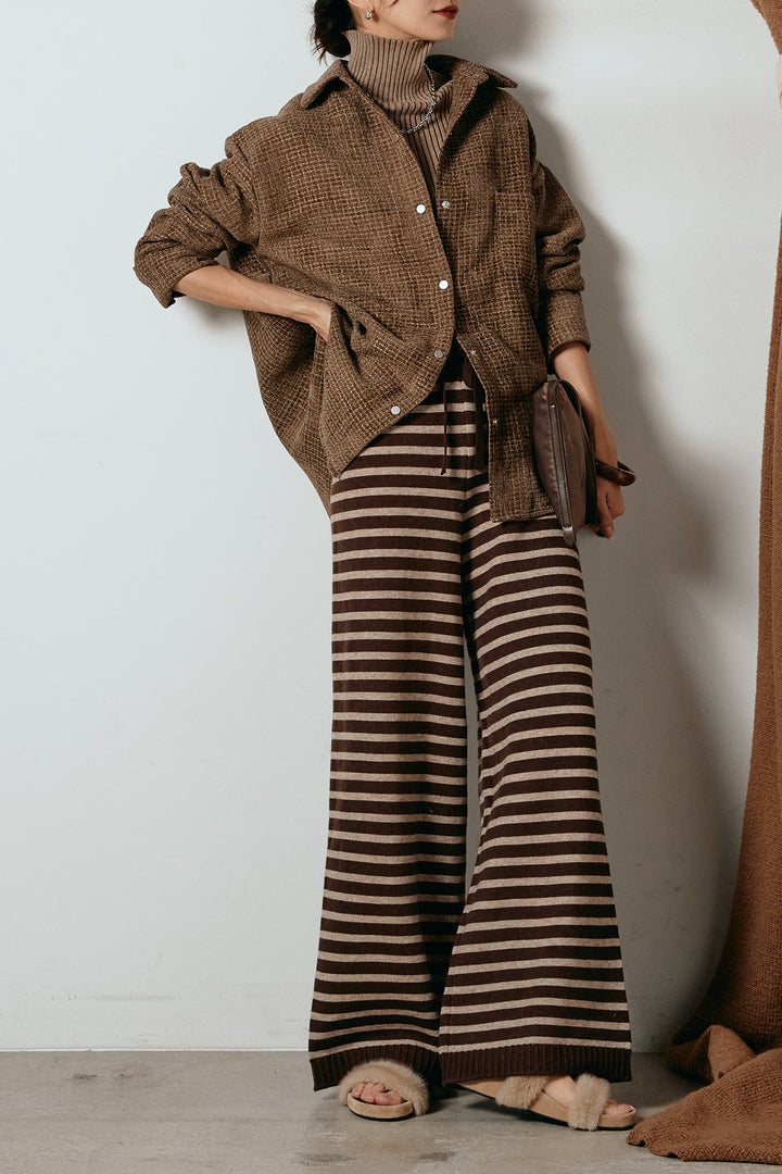 [SET]ルーズクラッシュツイルシャツ+リブニットシームレスタートルプルオーバー+ボーダーリラックスニットパンツ(3set)