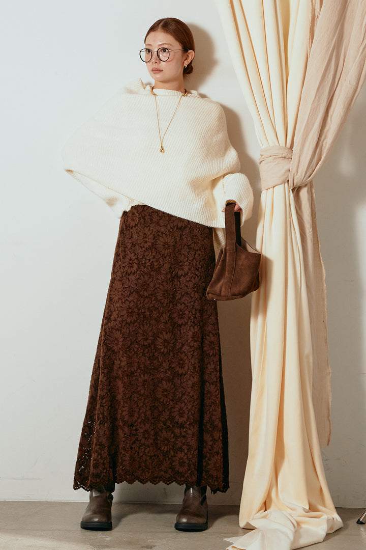 [SET]ケープデザインリブニットトップス+花柄刺繍ベロアフレアスカート(2set)