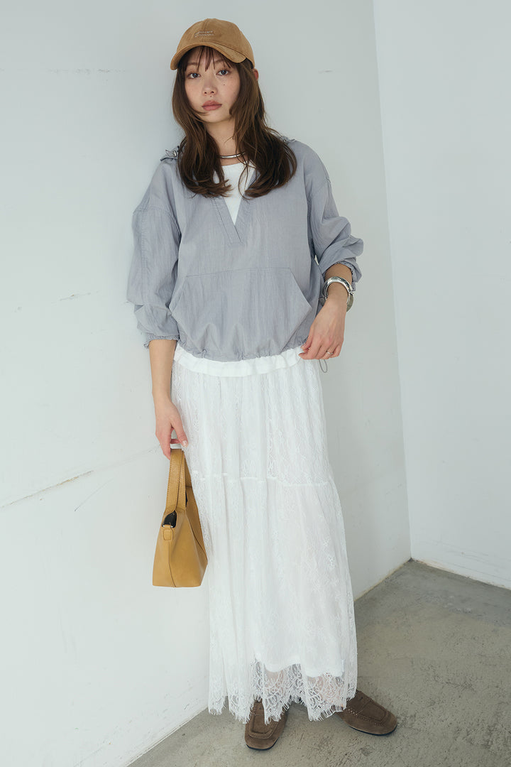 [SET]レイヤードデザインフーディートップス+ひげレース切替ロング丈スカート(2set)