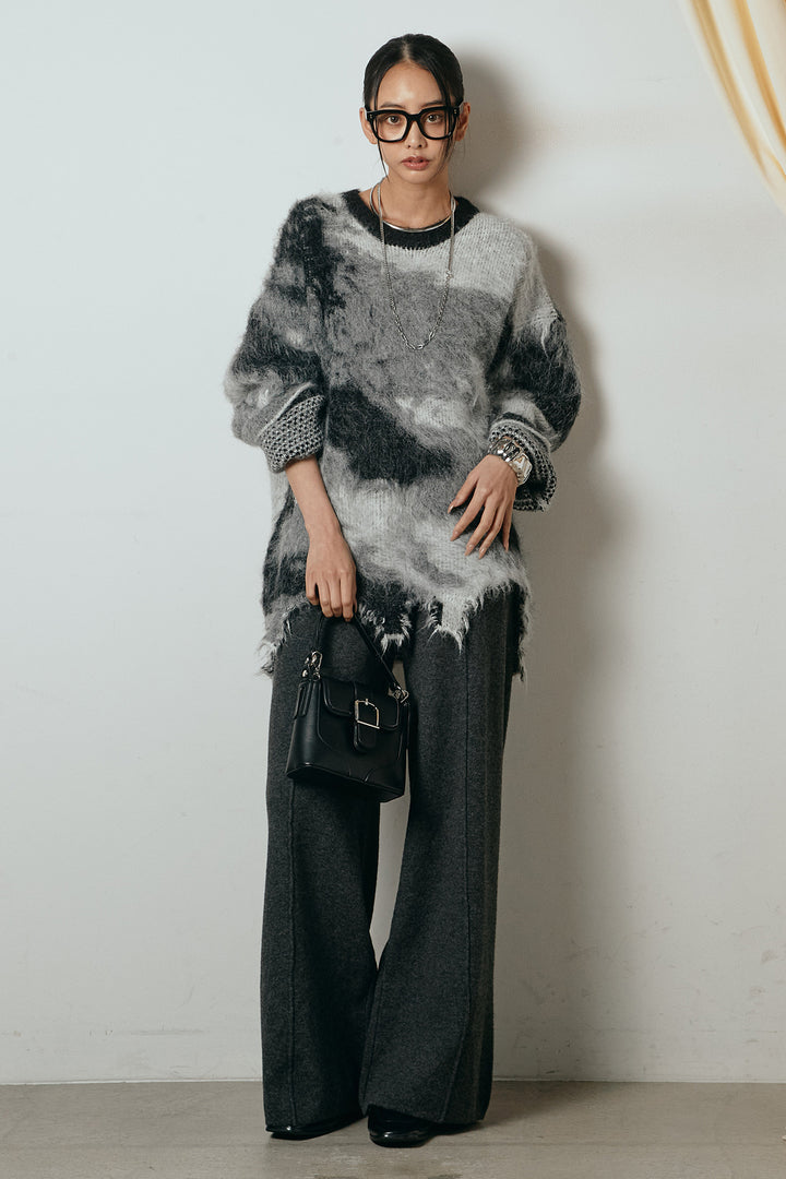 [SET]起毛裾デザインニュアンス柄ニットトップス+センターラインニットパンツ(2set)