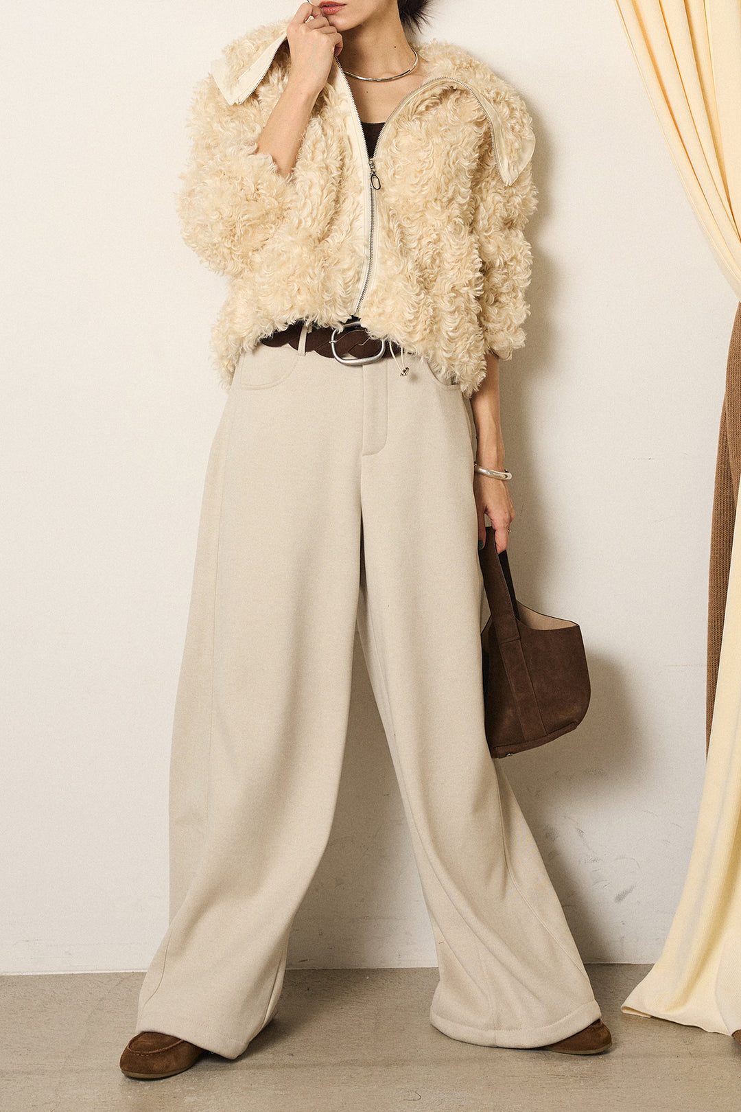 [SET]ビッグカラープードルボアアウター+編みベルト付きワイドパンツ(2set)