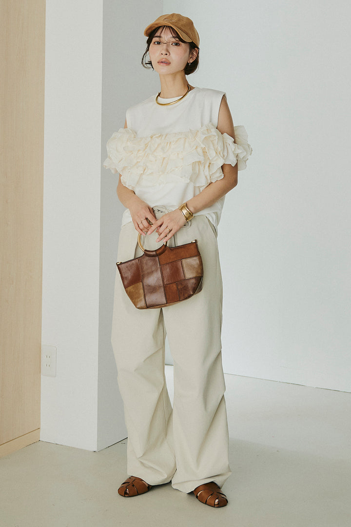 [SET]天竺ナイロンドッキングビスチェ風トップス+ニーサイドタックウエストドロスパンツ(2set)