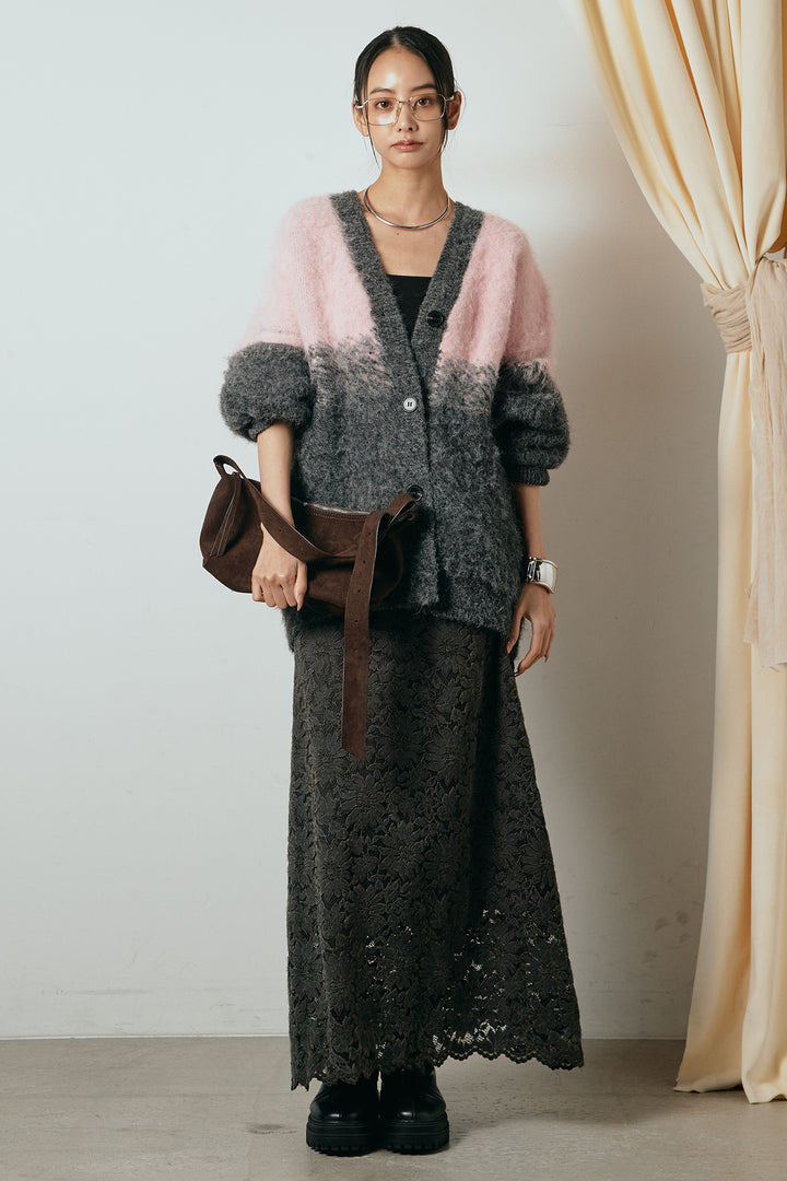 [SET]起毛グラデーションニットカーディガン+花柄刺繍ベロアフレアスカート(2set)