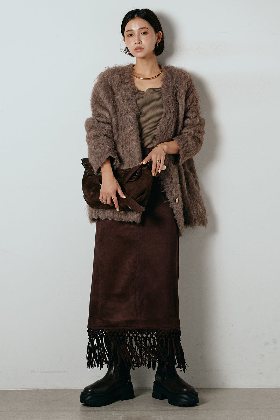 [SET]ウェーブシャギーニットジャケット+スウェードライク裾フリンジスカート(2set)