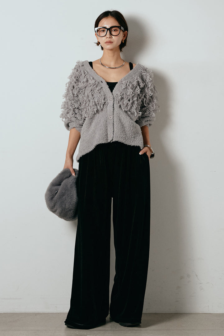 [SET]ループ編みVネックニットカーディガン+ベロアサスペンダー付きパンツ(2set)