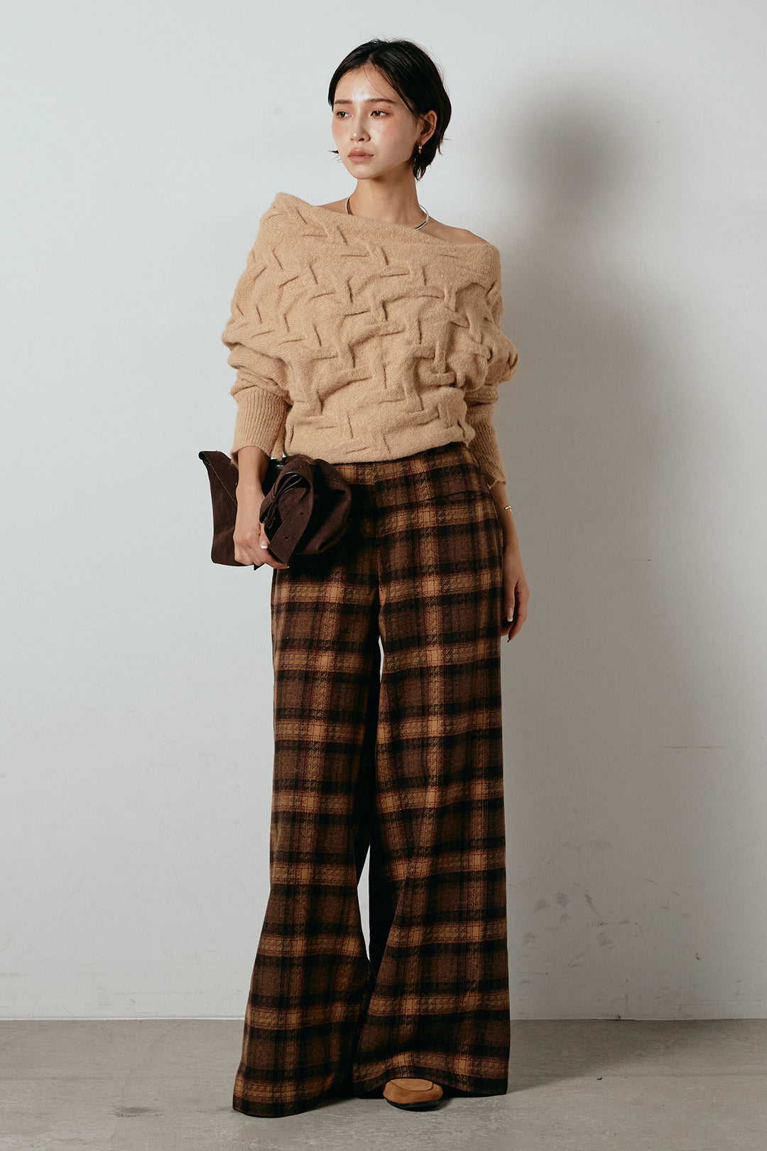 [SET]ボートネックニットトップス+ルーズタータンチェックワイドパンツ(2set)