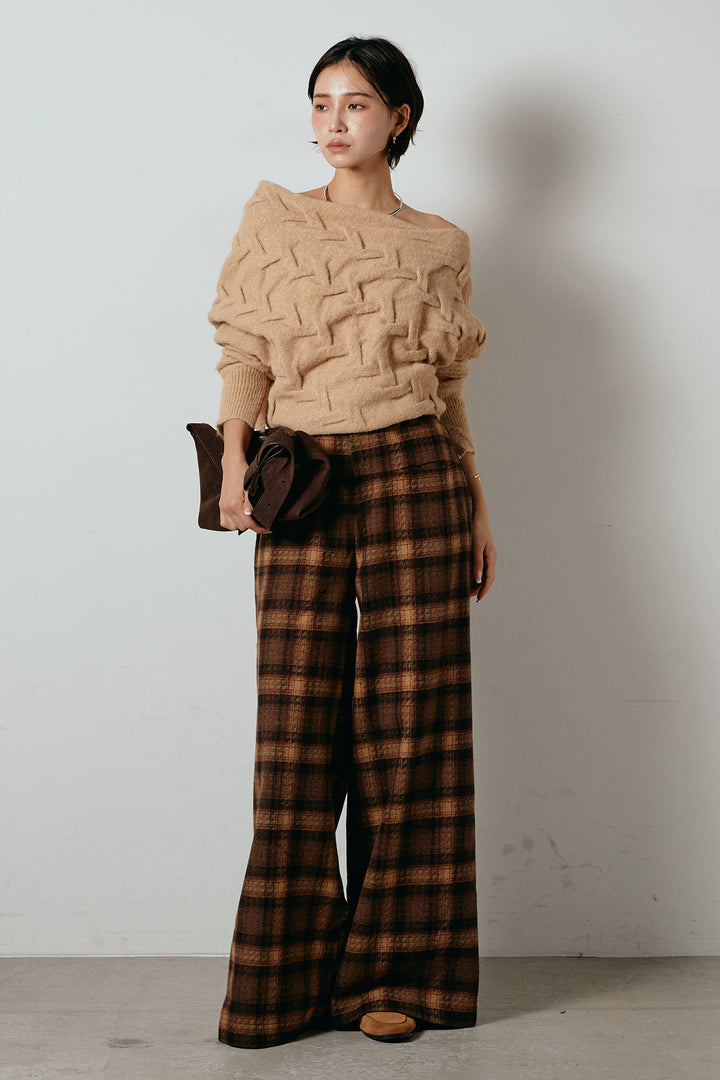 [SET]ボートネックニットトップス+ルーズタータンチェックワイドパンツ(2set)