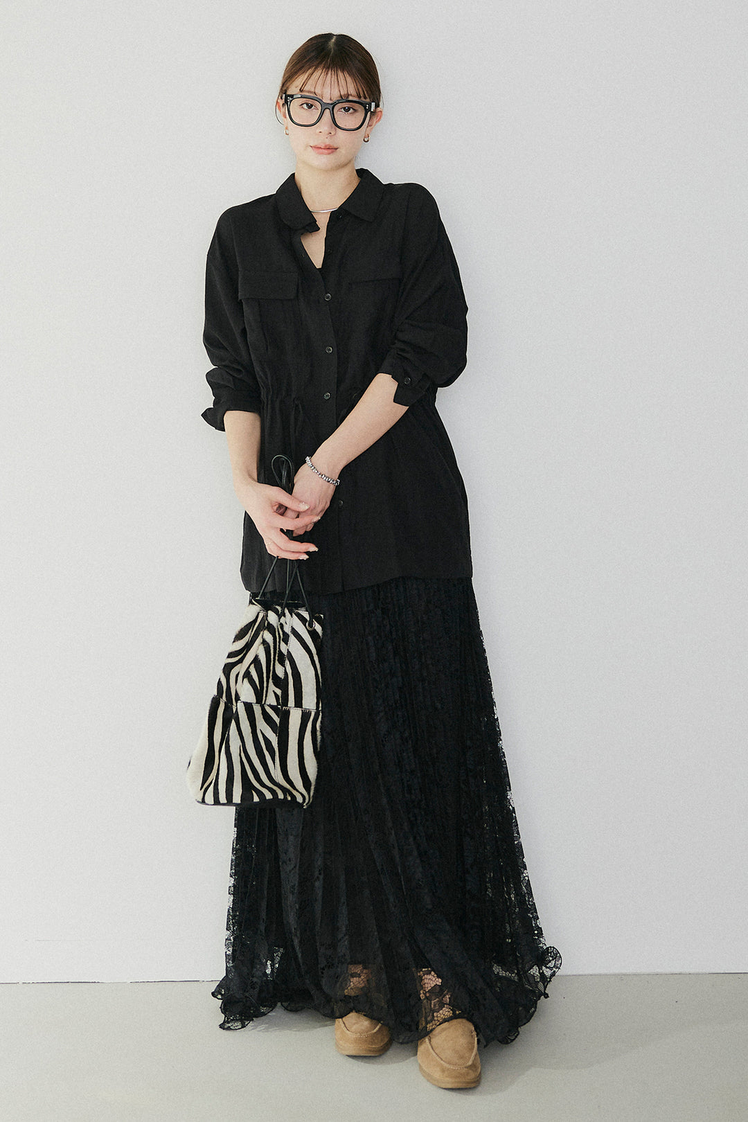 [SET]リネンブレンドシアーサファリシャツ+リラックスプリーツスカート(2set)