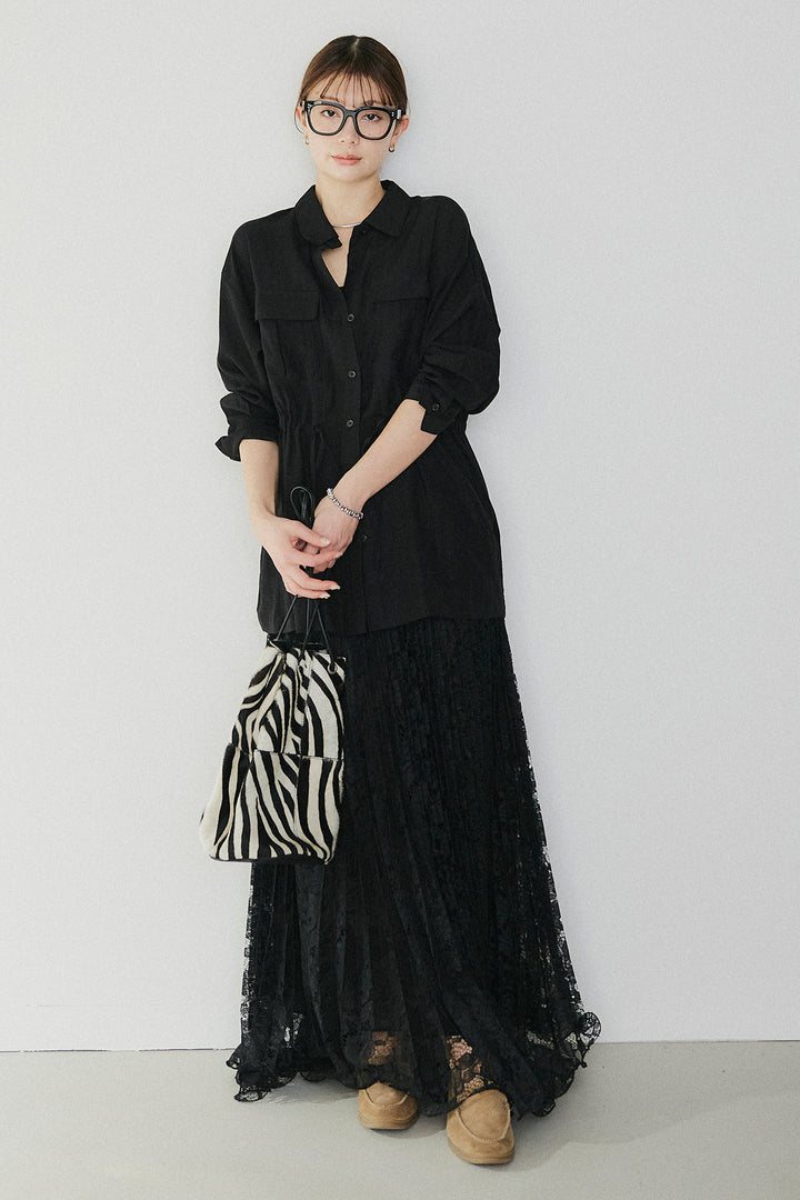 [SET]リネンブレンドシアーサファリシャツ+リラックスプリーツスカート(2set)