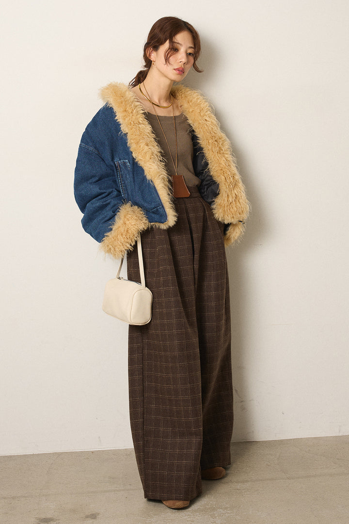 [SET]エコファーデニムボアジャケット+ウールライクチェックタックパンツ(2set)