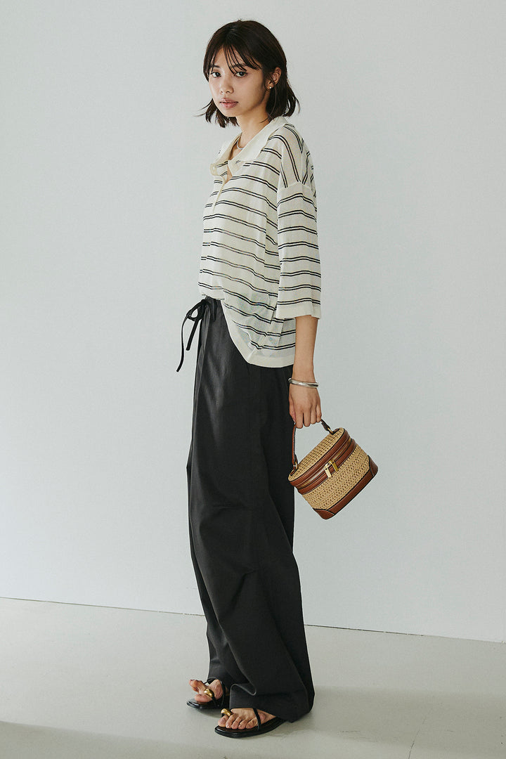 [SET]ボーダーニットポロシャツ+ニーサイドタックウエストドロスパンツ(2set)