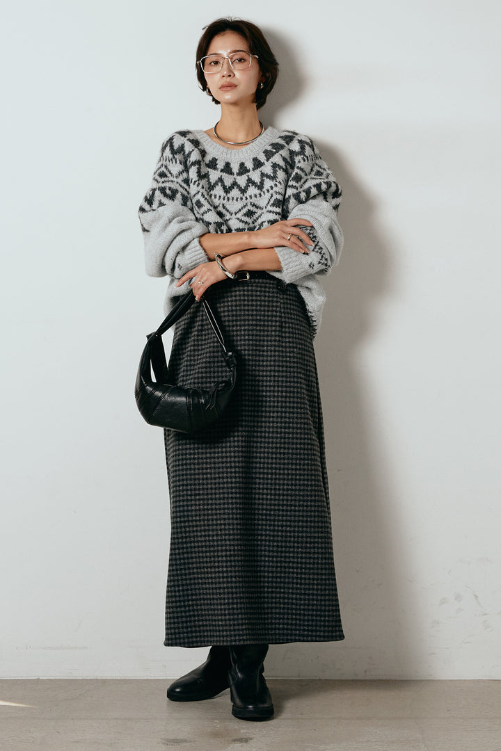 [SET]ノルディック柄Uネックプルオーバー+スエード調ベルト付きチェックナロースカート(2set)