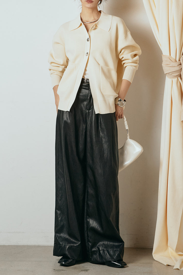 [SET]メタル釦衿付きニットカーディガン+ベルト付きレザーライクタックパンツ(2set)