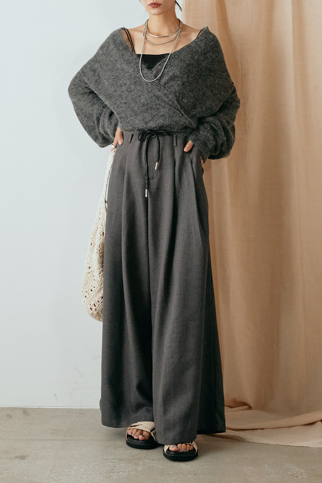 [SET]カシュクールデザインニット+細ベルト付きワイドパンツ(2set)