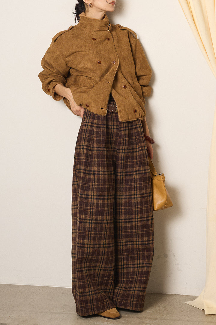 [SET]スタンド襟スウェードライクアウター+スタッズデザインベルトタータンチェックパンツ(2set)