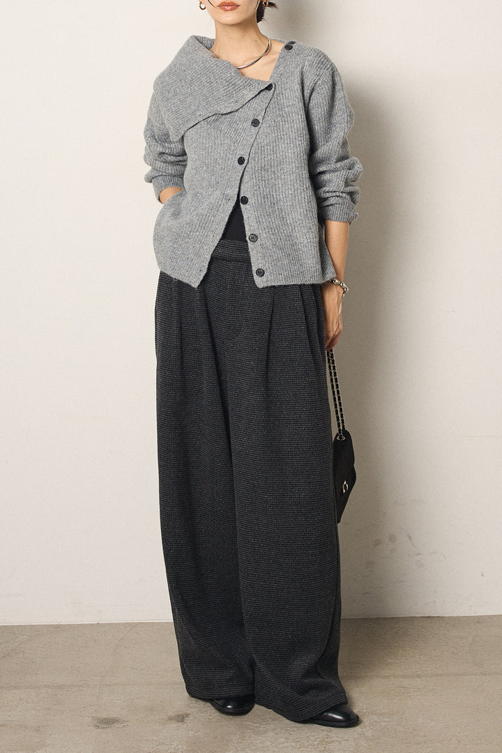[SET]ボタンデザインネックニットプルオーバー+起毛タック入りツイードワイドパンツ(2set)