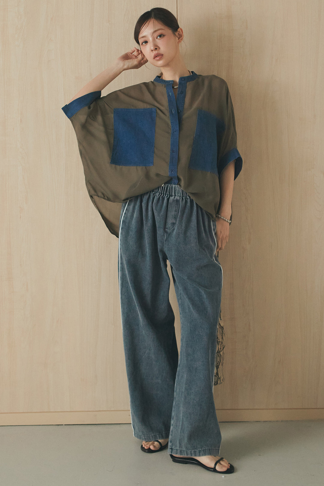 [SET]デニムライクビッグツーポケシアーシャツ+ドロストサイドラインデニムパンツ(2set)