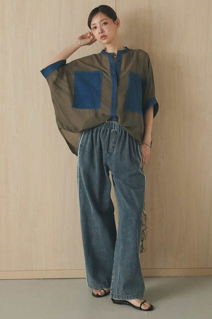 [SET]デニムライクビッグツーポケシアーシャツ+ドロストサイドラインデニムパンツ(2set)