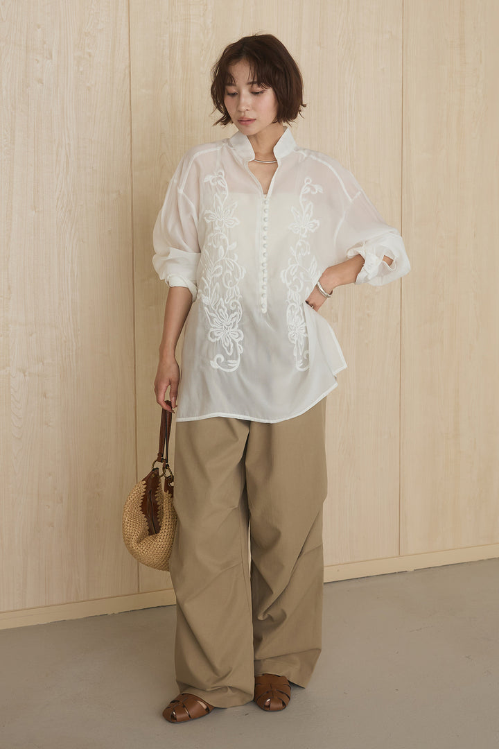 [SET]フロントボタンニュアンス柄ブラウス+ニーサイドタックウエストドロストパンツ(2set)