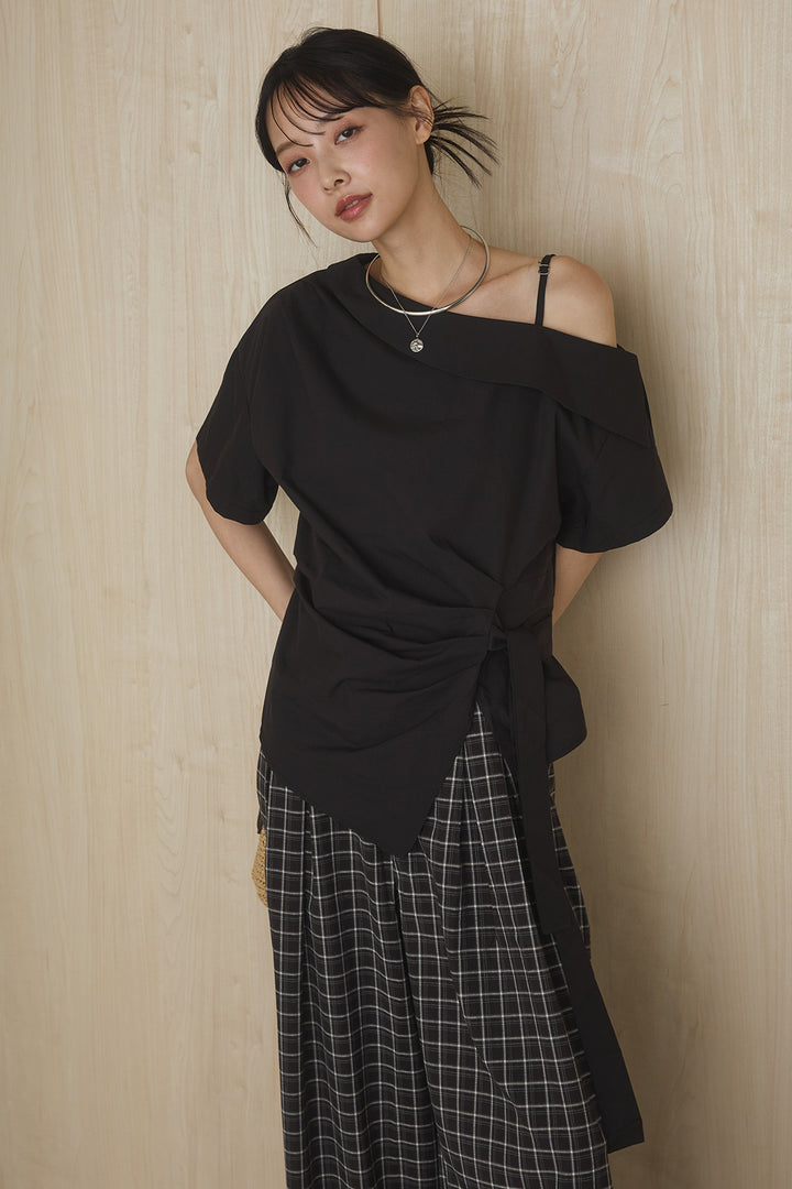 [SET]ワンショルダーウエスト巻きブラウス+ツータックチェックワイドパンツ(2set)