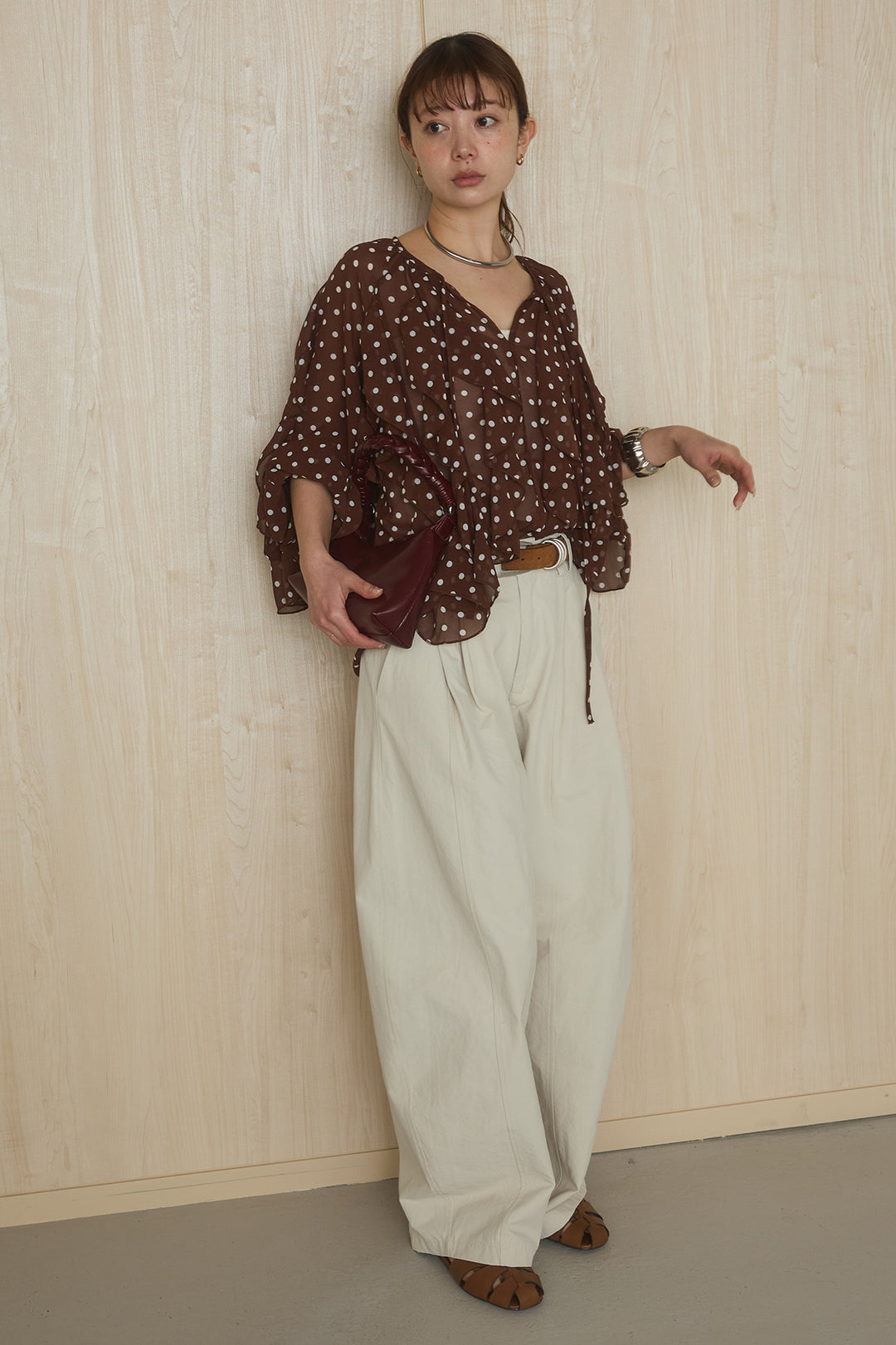 [SET]ドットフリル長袖ブラウス+コットンポリツータックセンターシームカーブパンツ(2set)