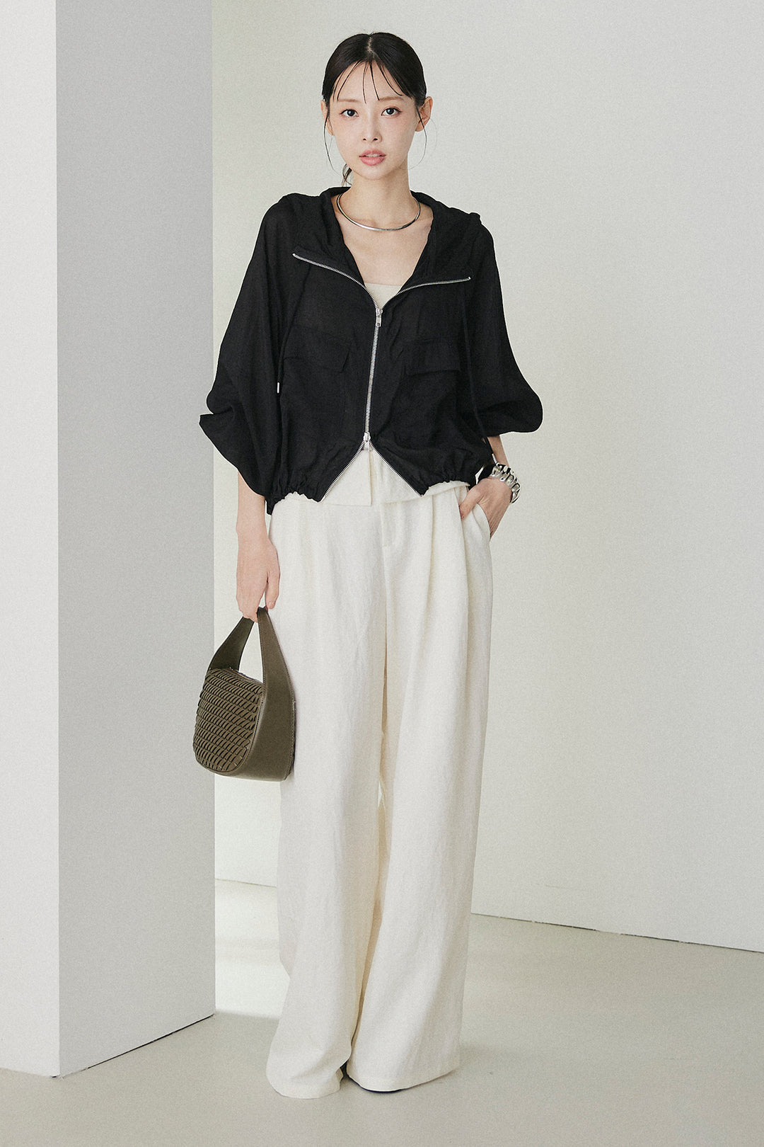 [SET]裾ドロストシアーWジップフーディーブルゾン+ウエスト折り返しワイドパンツ(2set)