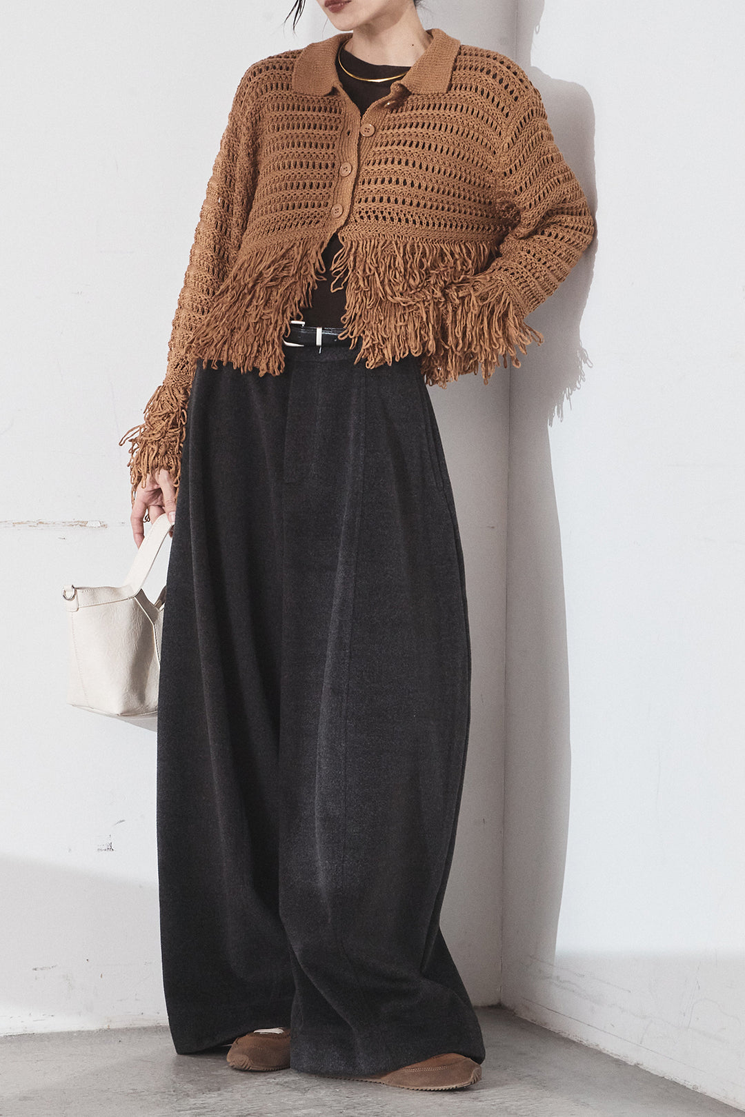 [SET]メッシュフリンジカーディガン+ウールタッチカーブワイドパンツ(2set)