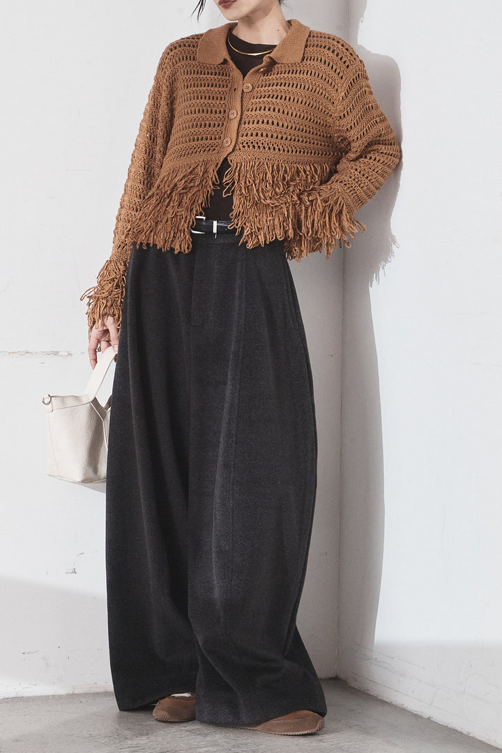 [SET]メッシュフリンジカーディガン+ウールタッチカーブワイドパンツ(2set)