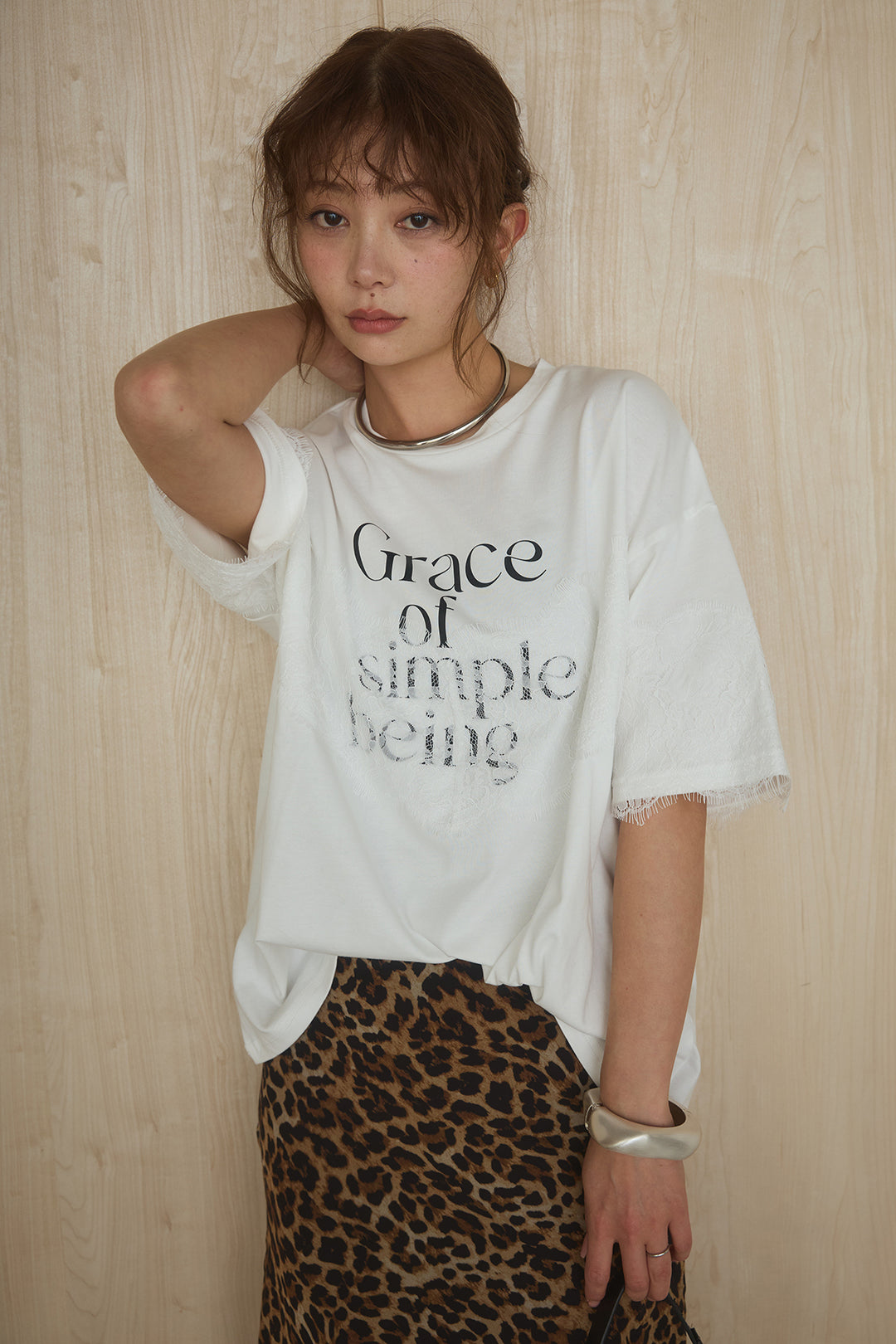 [SET]レースロゴプリントTシャツ+レオパード柄スカート(2set)