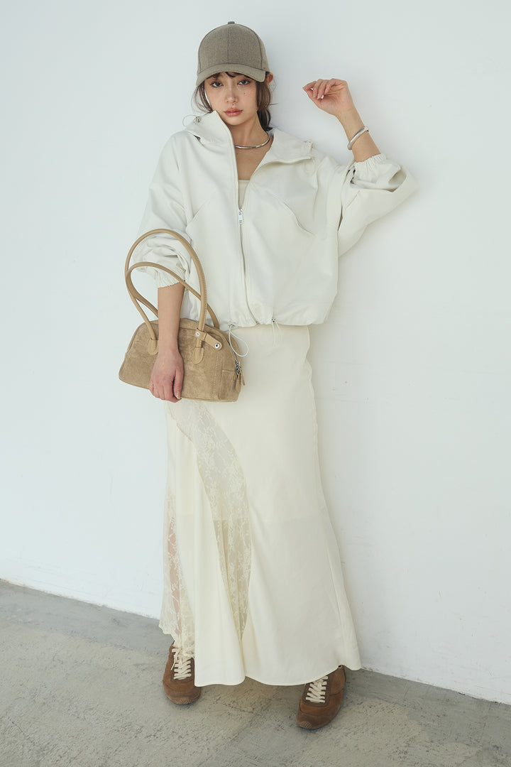 [SET]ネック裾絞りブルゾンアウター+刺繍レースデザインサテンスカート(2set)