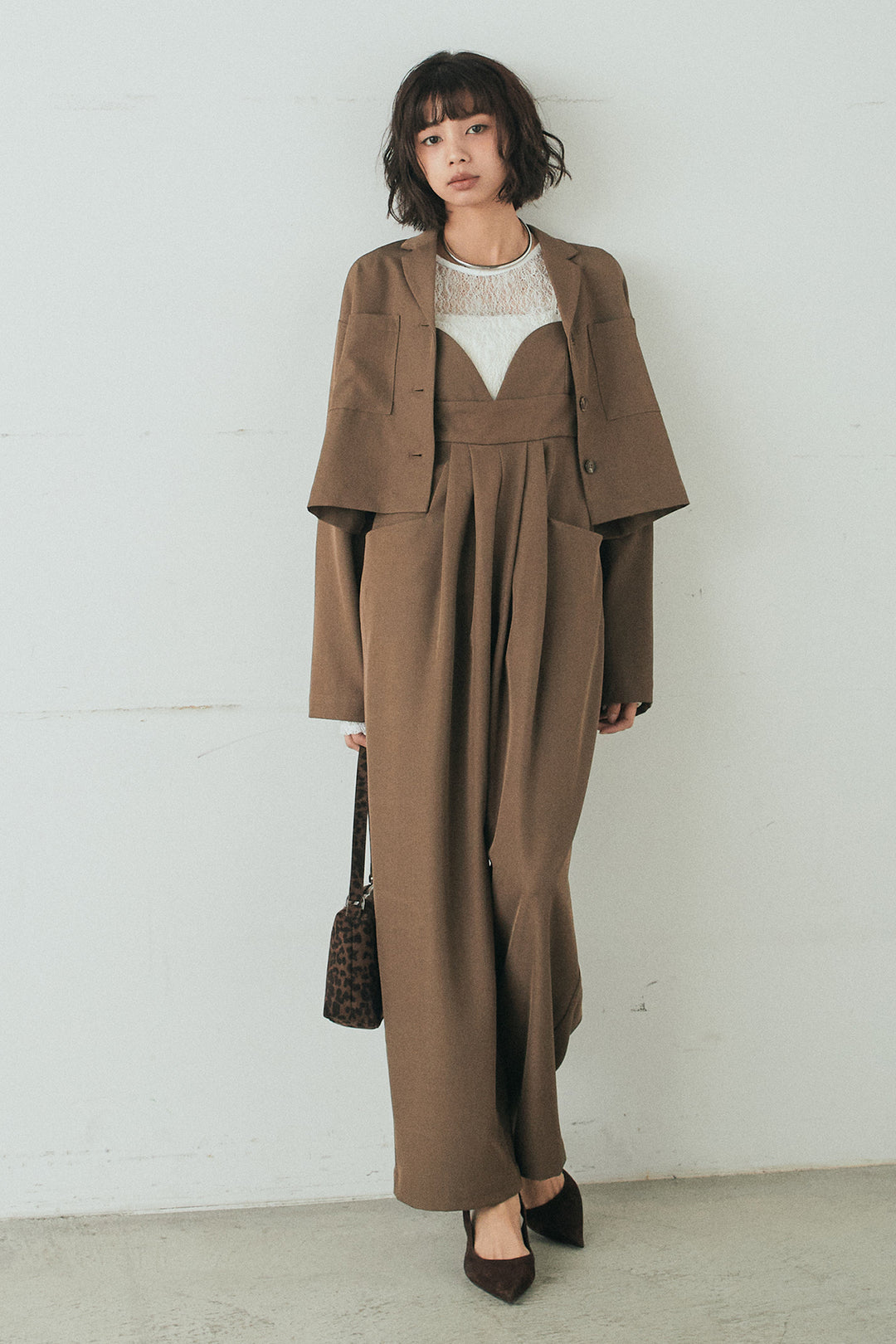 [SET]バックジップデザインショートツイルジャケット+キャミロングオールインワン(2set)