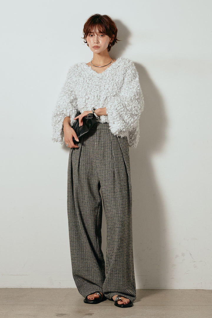 [SET]深Vネックチョウチョヤーンニットトップス+ガンクラブチェックタックパンツ(2set)