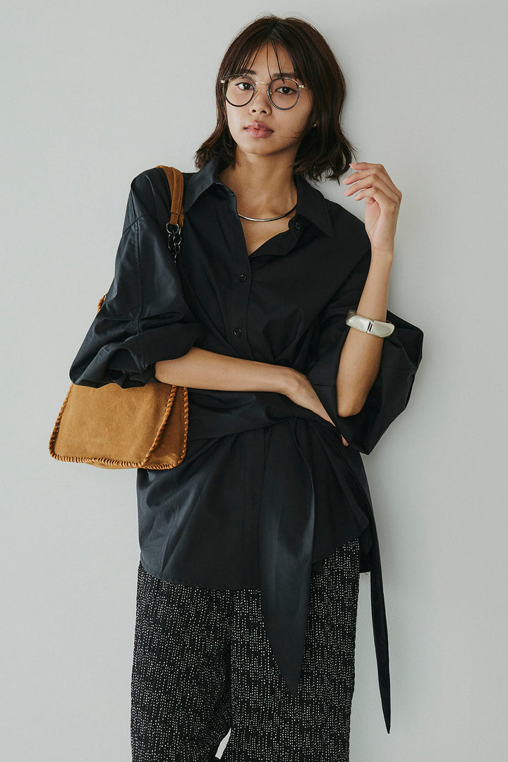 [SET]襟付き巻きデザインシャツ+シアーランダムドットラフパンツ(2set)