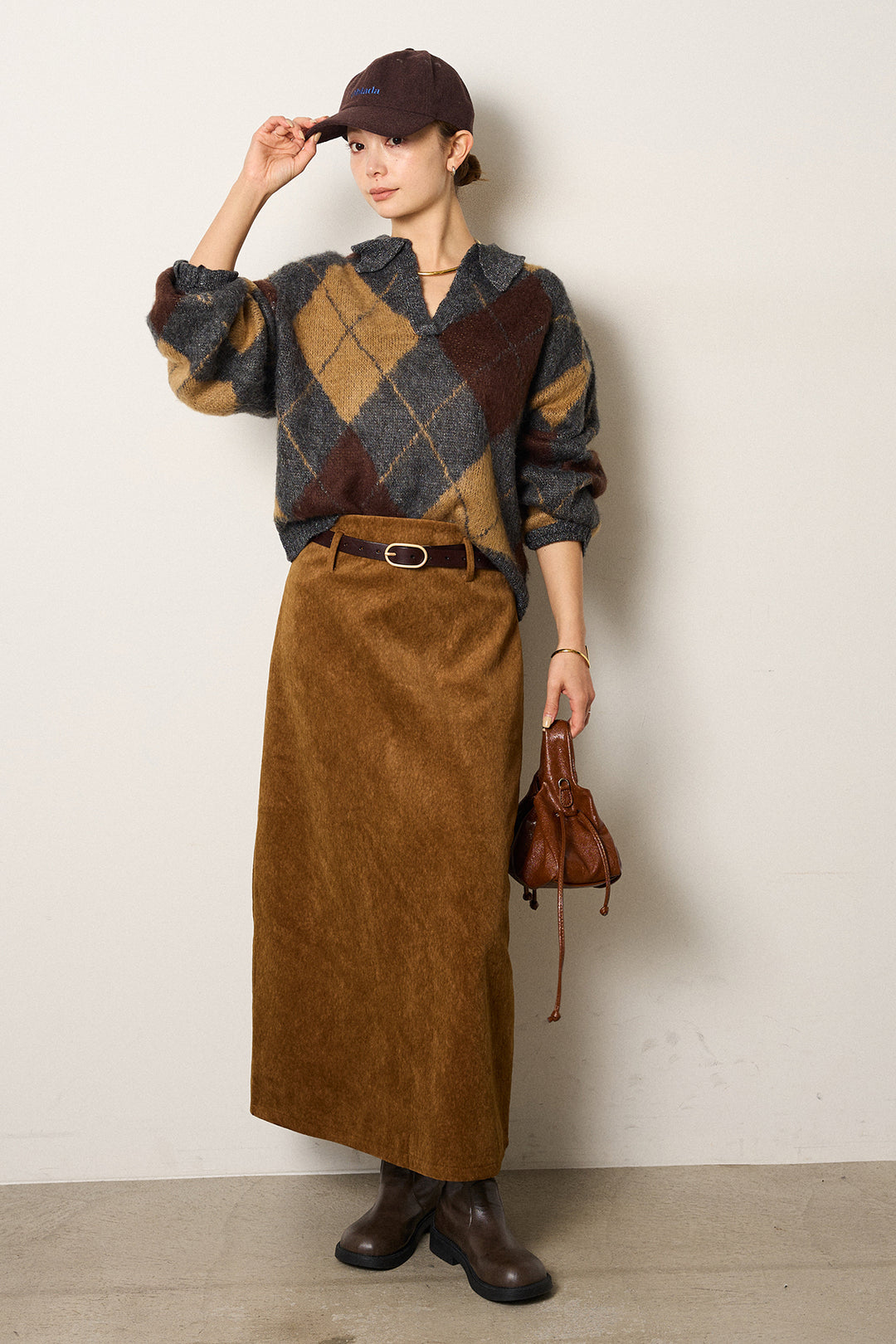 [SET]アクリルモヘアアーガイルキーネックプルオーバー+ロープベルト付きスウェード調スカート(2set)